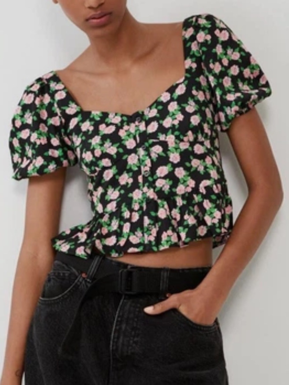 Zara Black Floral Puff-Sleeve Peplum Top - Pink Floral Size XS